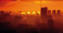 Red sunset over city