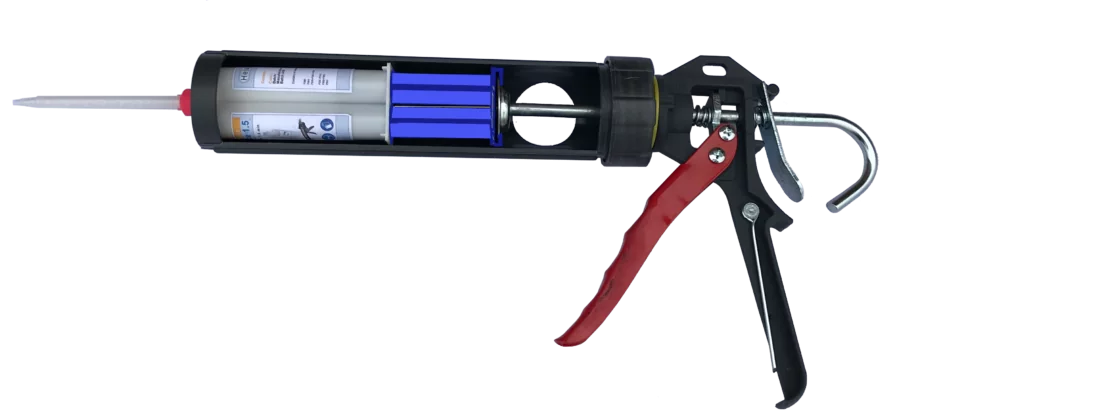 Caulking gun with adaptor and with cartridge mit Kontrast Caulking gun with adaptor and with cartridge mit Kontrast